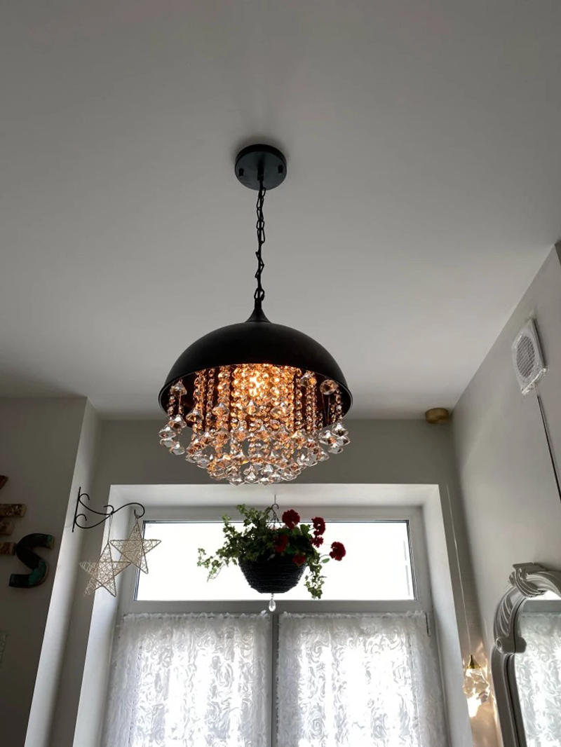 Description Picture 4 of itemIndustrial Black Vintage Pendant Lamp Iron Crystal Chandelier Lighting Ceiling Fixture Restaurant Cafe Kitchen Lamp Design