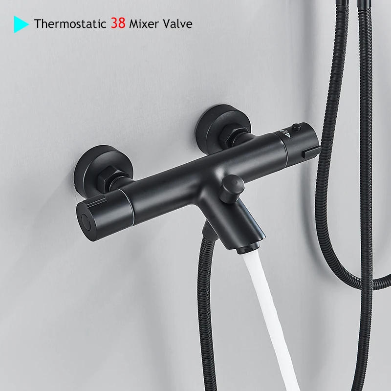 Description Picture 6 of itemMatte Black Thermostatic Shower Faucet Bathtub Thermostatic Control Shower System Kit Thermostat Tap Rainfall Shower For Bath