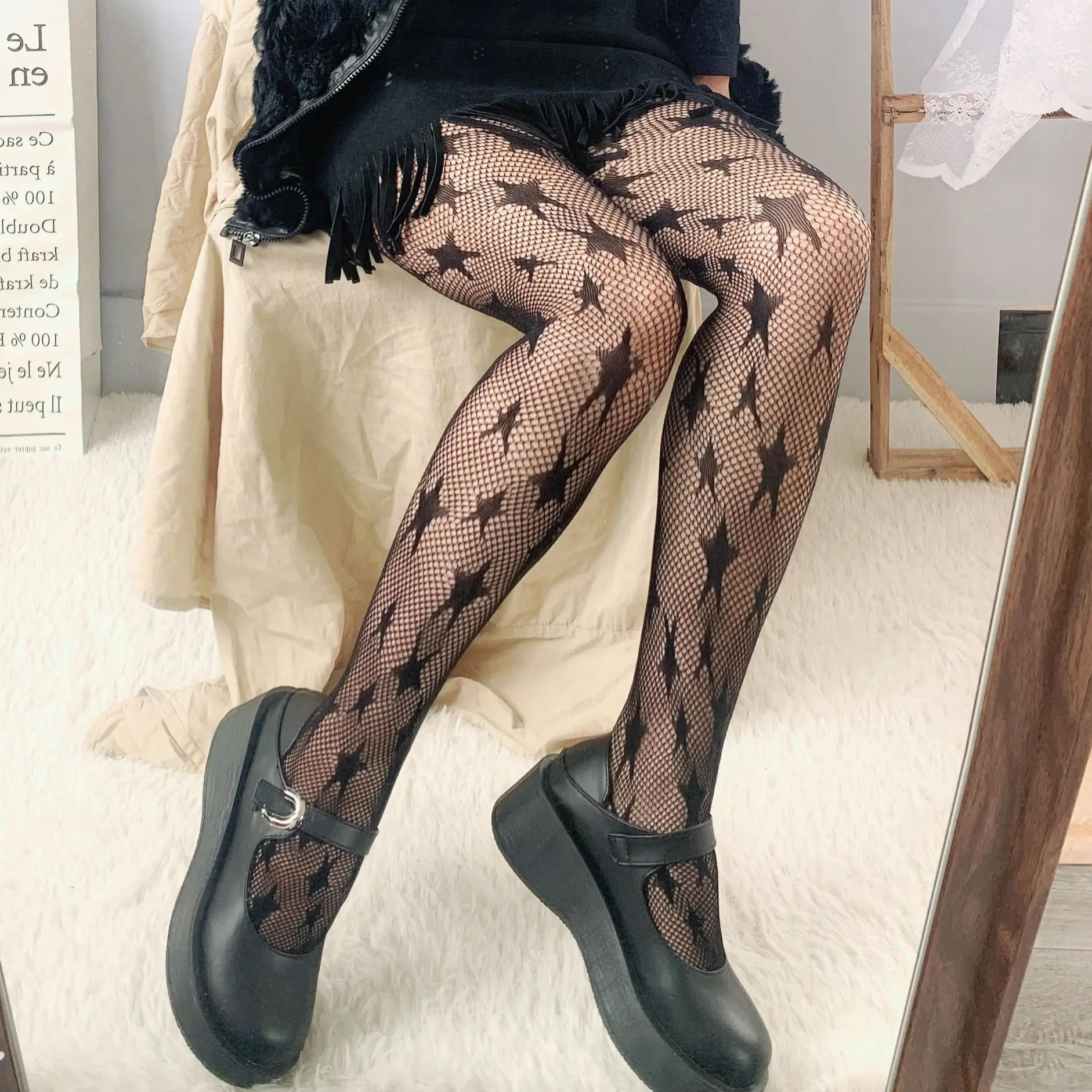 Description Picture 6 of itemLolita Dark Black Pantyhose Star Mesh Stockings Female Fishnet Stockings JK Girls Socks Mesh Tights Lingerie Thigh High JK Socks