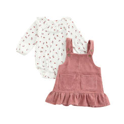 Infant Baby Girls Suit, Spring Autumn Long Sleeve Floral Printed Romper Tops+Solid Color Ruffled Dress