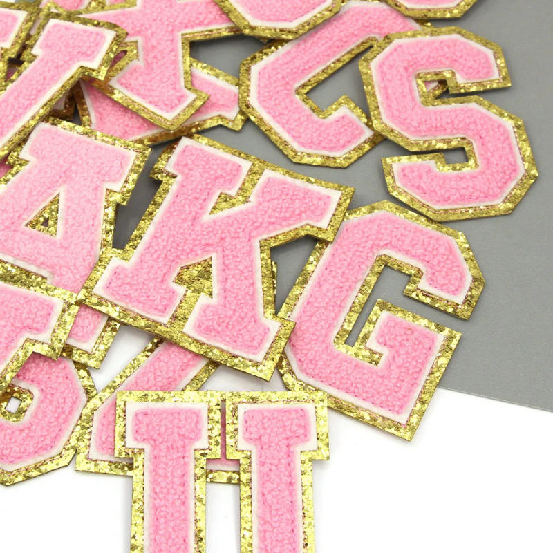 Description Picture 4 of item80MM Pink Letter Patches Embroidery Patch for Clothing Gold Sequins Chenille Appliques Iron on Badges DIY Name Sew Accessories