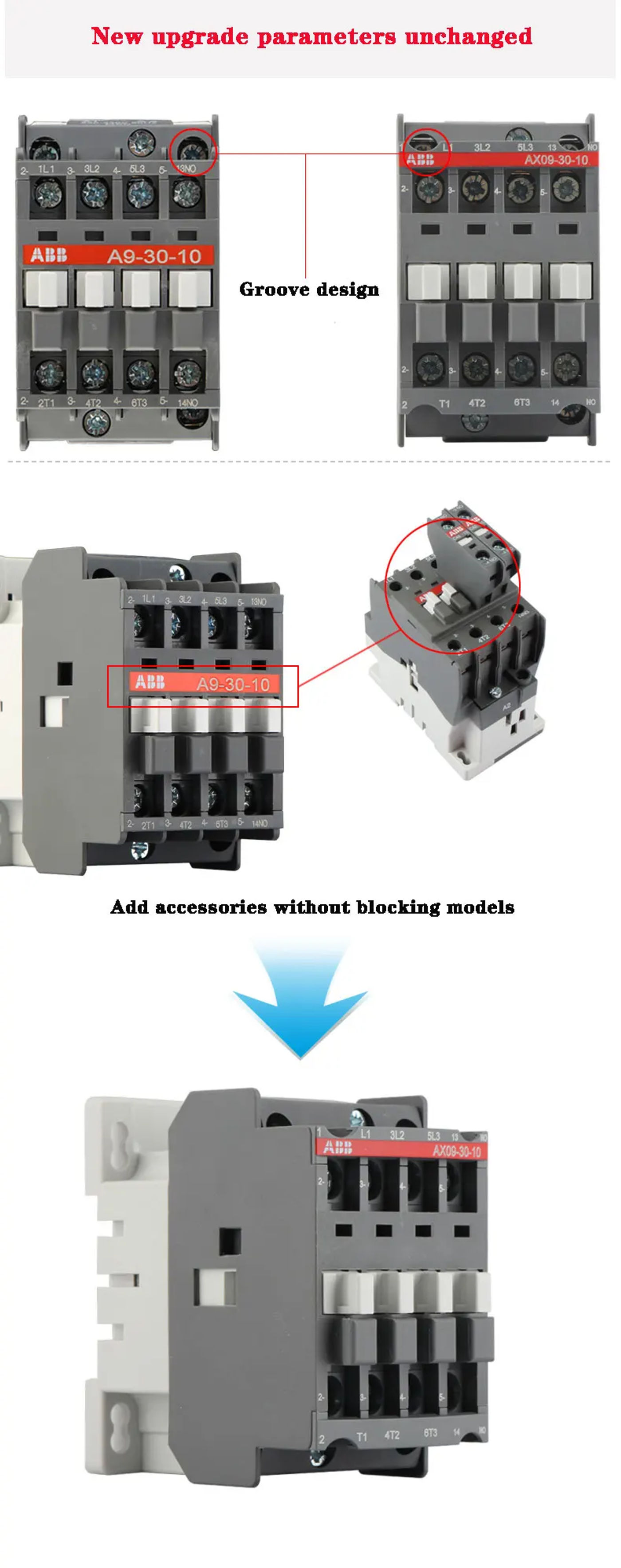 Description Picture 2 of itemABB AC contactor AX50-30-11 AX65-30-11 AX80-30-11 220V380V110V24V50A65A80A Main contact3NOAuxiliary contact1NO+1NC
