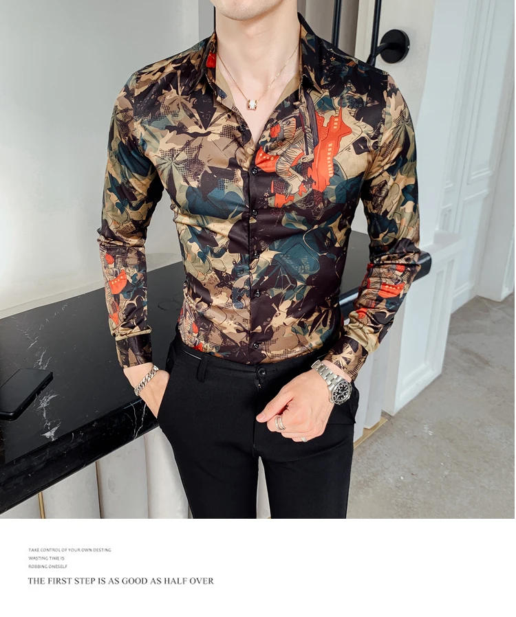 Description Picture 4 of itemLeaf Print Shirt Autumn Men's Business Slim Long Sleeve Tuxedo Shirt Fashion Men's Casual Street Clothing Abstract Print Shirt