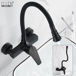 ELLEN Wall Mount Kitchen Sink Faucet Hot Cold Sink Water Mixer Tap 2 Holes Black Faucets 360 Degree Swivel ELK5400