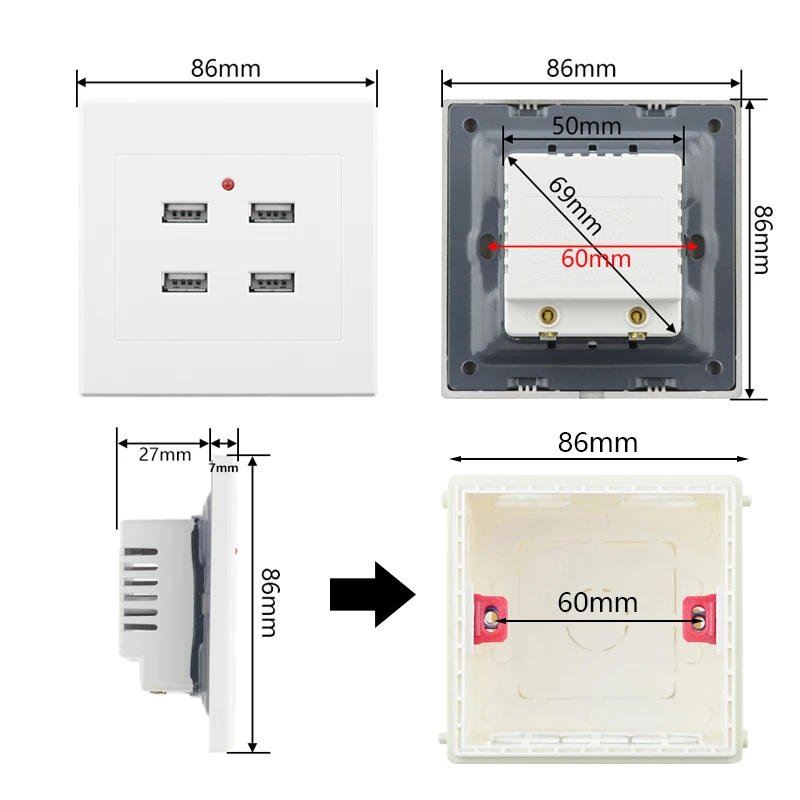 Description Picture 3 of item2 4-PORT USB Charger Socket Power Outlet Wall Socket Electric Wall Charger Adapter Charging 1A-3.5A White Black Plastic Panel