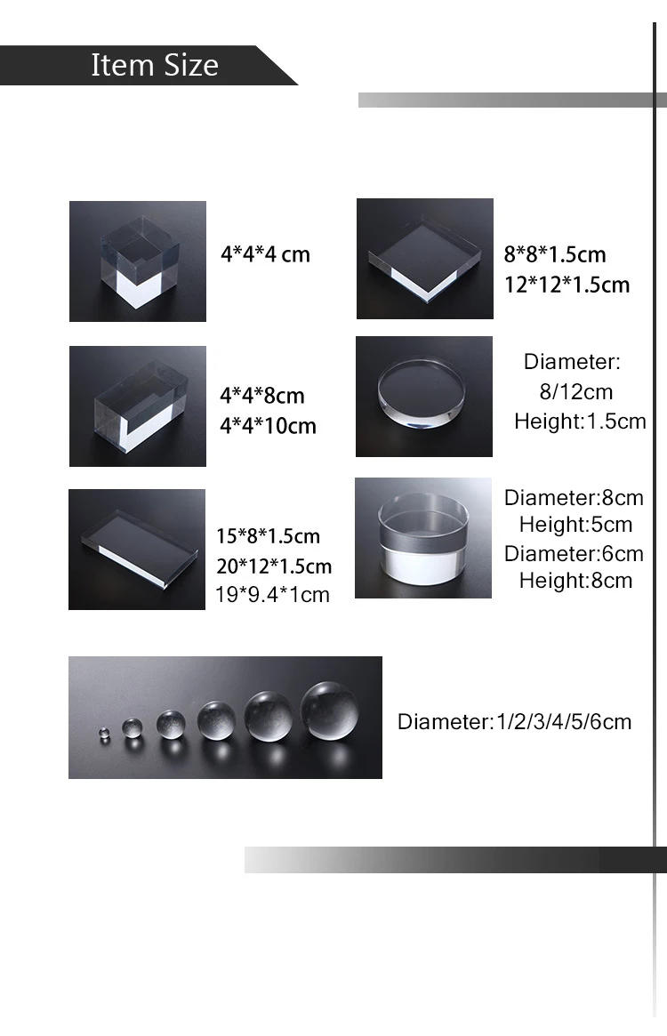 Description Picture 3 of itemTransparent Acrylic Geometric Photo backdrop Props Cube Cuboid Cylindrical Glass Ball Photography Background Plate Decoration