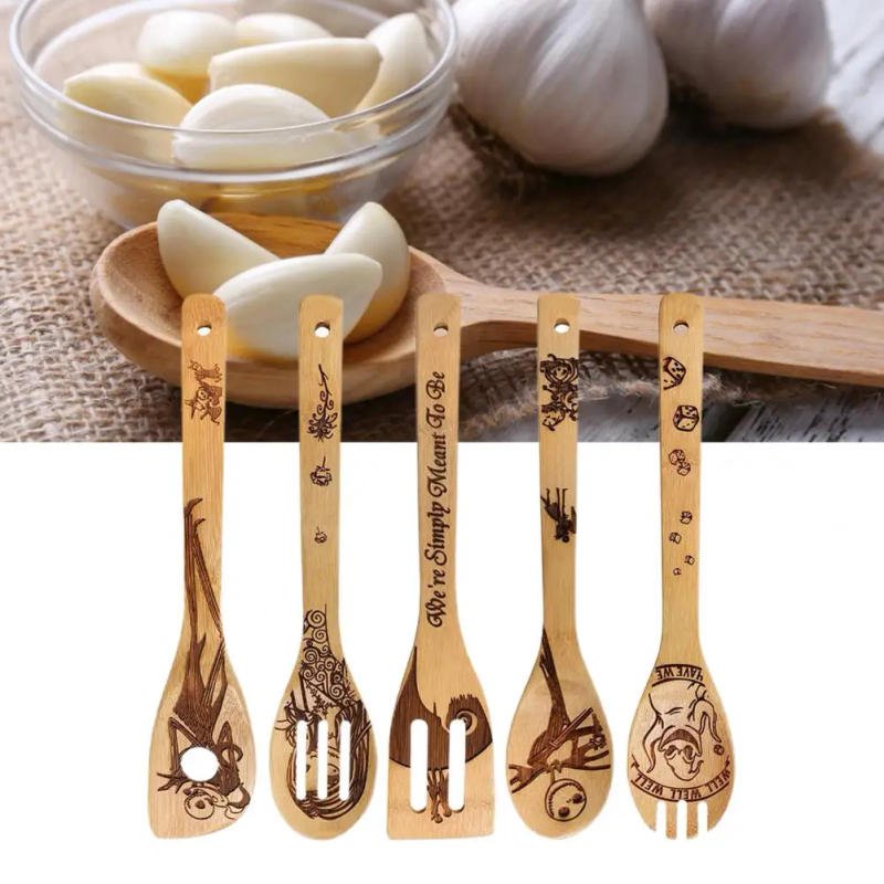 Description Picture 3 of item5Pcs Cookware Spatula Non-stick Heat-resistant Bamboo Cartoon Pattern Laser Engraved Shovel Halloween Kitchen Cookware Set