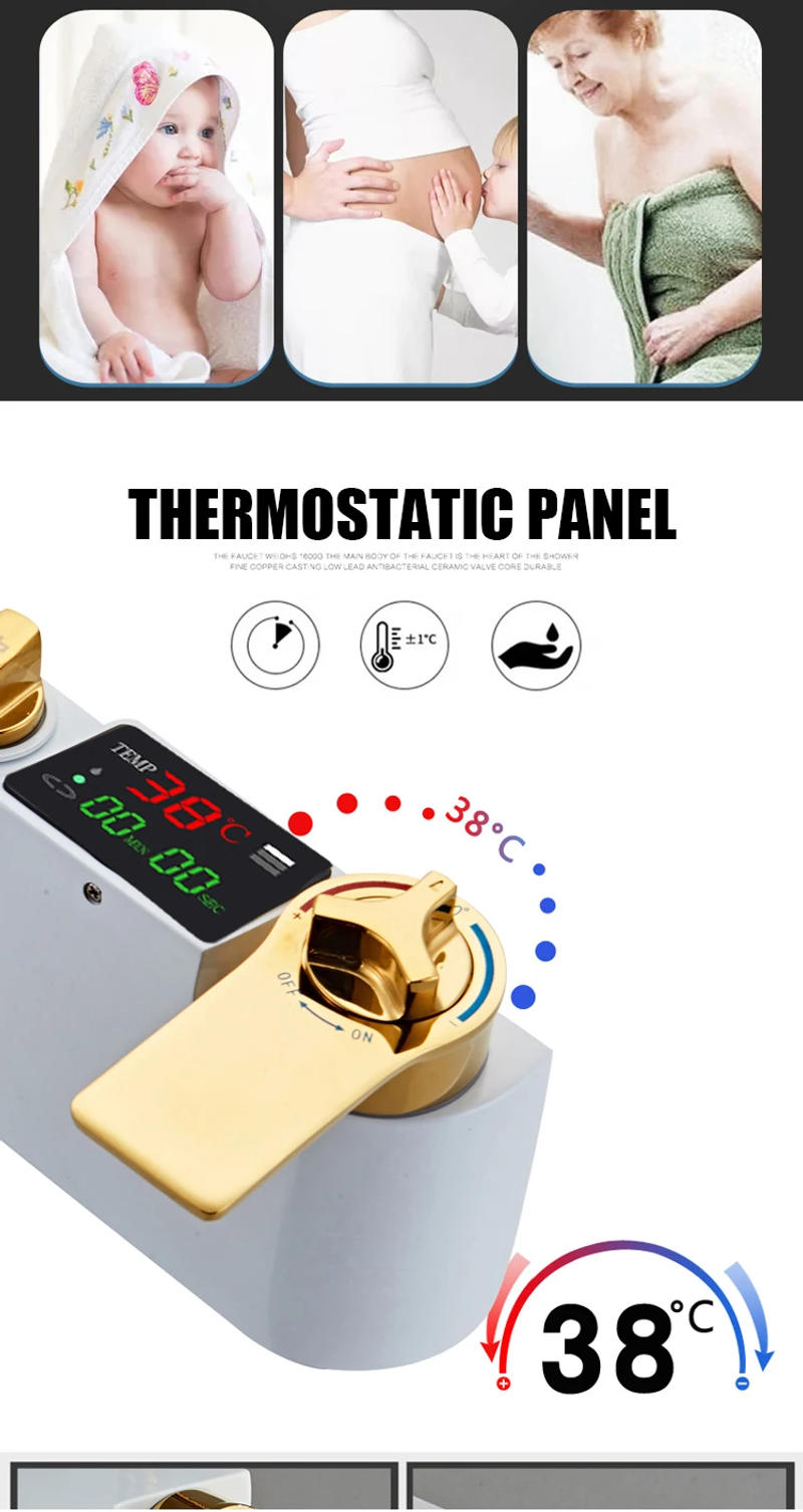 Description Picture 4 of itemThermostatic Shower System Bathroom Smart Digital Shower Set Wall Mount Hot Cold Bath Faucet Square Spray SPA Rainfall White Tap