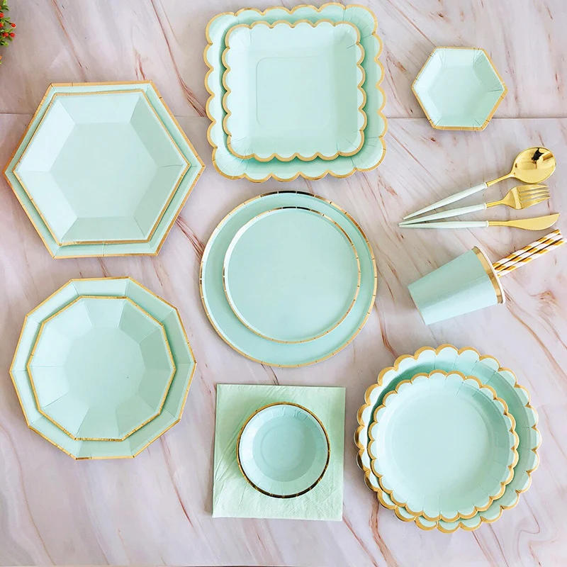 Description Picture 2 of itemMint Green Gold Striped Party Disposable Tableware Napkins Paper Straw Cup Plates Birthday Wedding Decoration Party Supplies