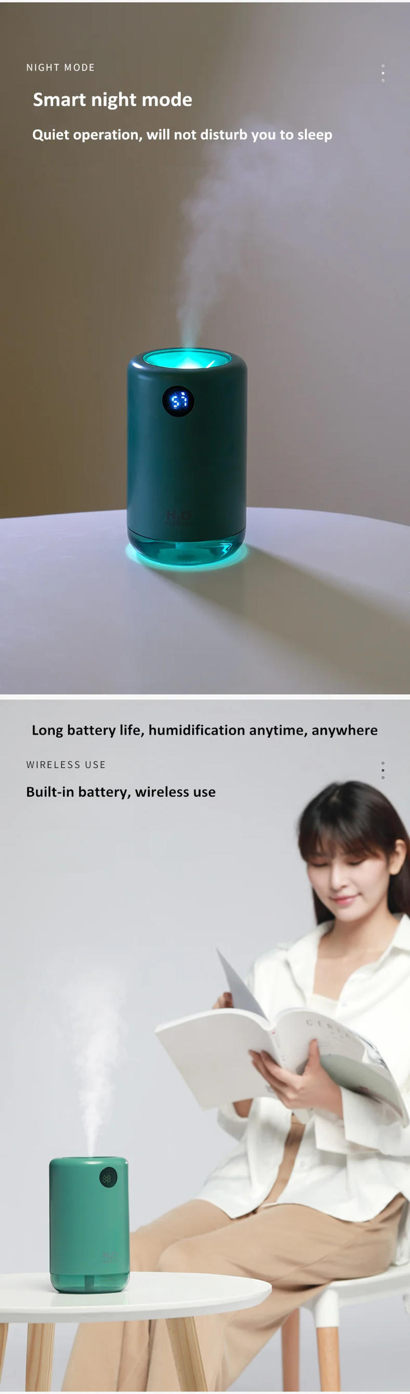 Description Picture 6 of itemHome Table Wireless Ultrasonic Air Humidifier, Portable Mini Aroma Water Mist Diffuser, Battery Life Show, 500ml, 2000mAh