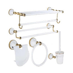 LANGYO Luxury Bathroom Accessories Bathroom Hardware Set White&Gold Pendant Polished Toothbrush Towel Bar Cloth Hook Towel Rack