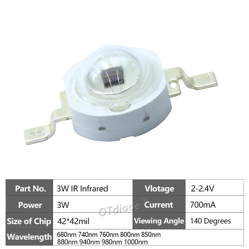 Description Picture 4 of itemHigh Power LED Chip IR Infrared 3W 5W 680nm 740nm 800nm 850nm 880nm 940nm 980nm Emitter Diode Light Lamp for Night Vision Camera