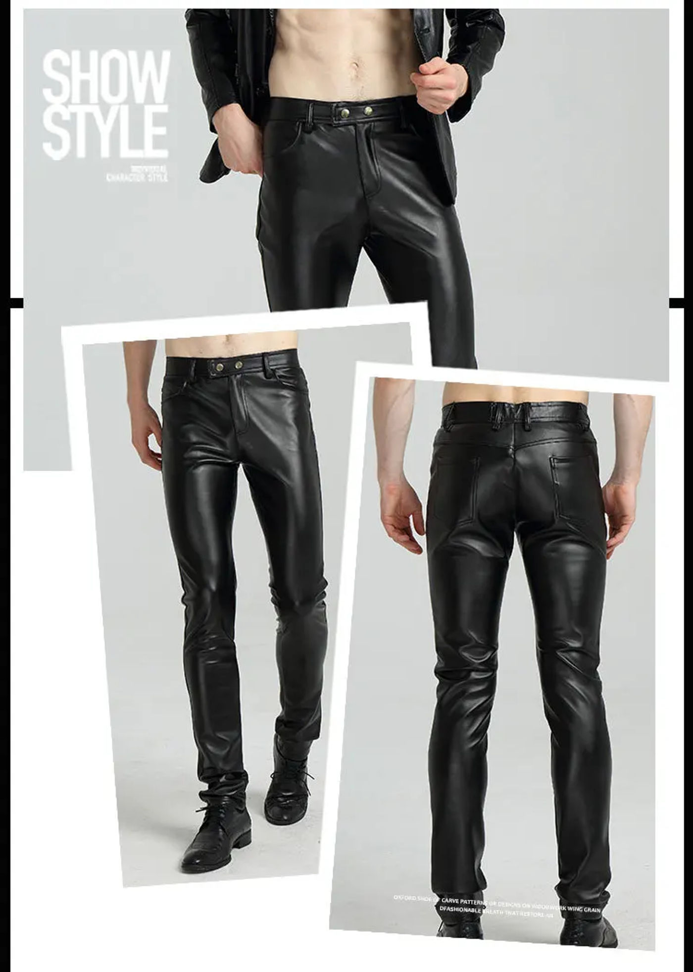 Description Picture 6 of item2024 autumn tight leather pants locomotive leather pants with velvet PU straight men's cultivate one's morality pants