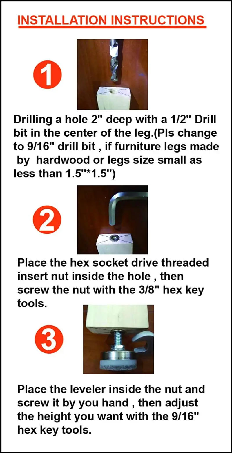 Description Picture 2 of item8Pcs Furniture Levelers Adjustable Leveling Legs for Tables Chairs Cabinets M10 x 35mm Diameter Base with Felt Pads