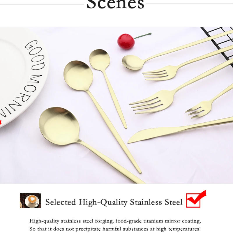 Description Picture 6 of itemMatte Champagne Dinnerware Cutlery Set Stainless Steel Tableware Home Dinner Fork Tea Spoon Dessert Knife Kitchen Flatware Set