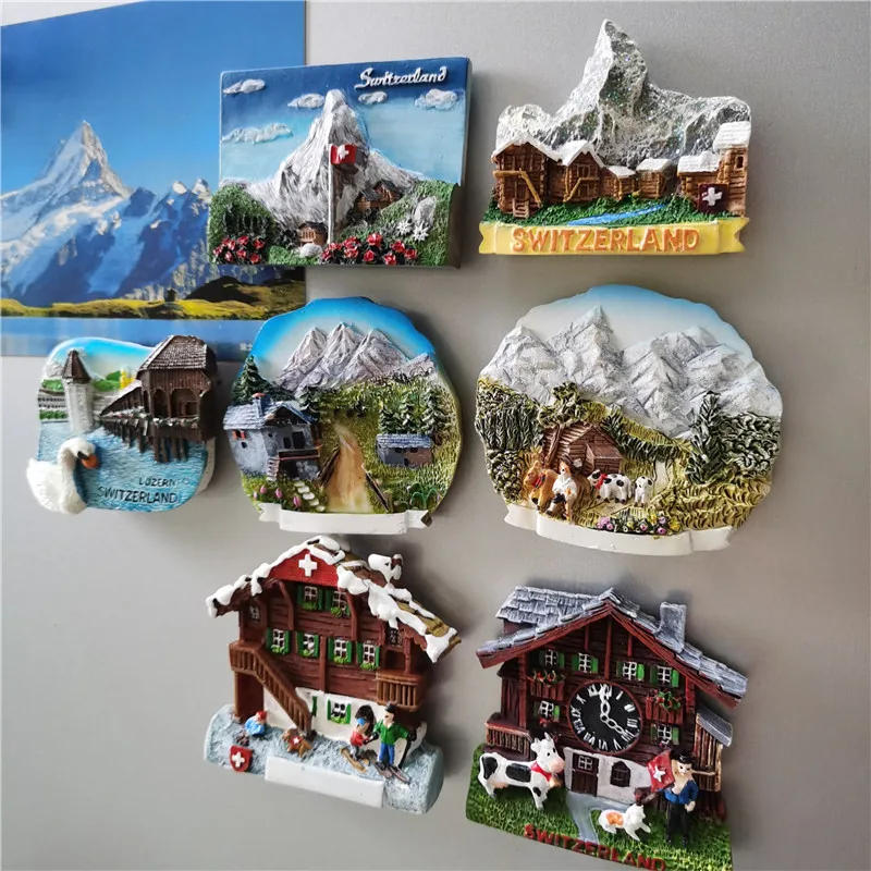 Description Picture 3 of itemSwitzerland Fridge Magnets Souvenir Swiss Lucerne Jungfrau Chapel Bridge Cuckoo Clock Tourism Magnetic Refrigerator Stickers