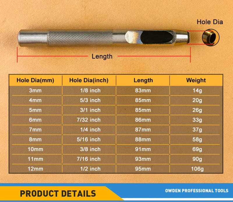 Description Picture 3 of itemOWDEN 9Pcs Leather Hole Punch Set Leathercraft Belt hole Punch Canvas Hollow Punch Leather Tools Kit