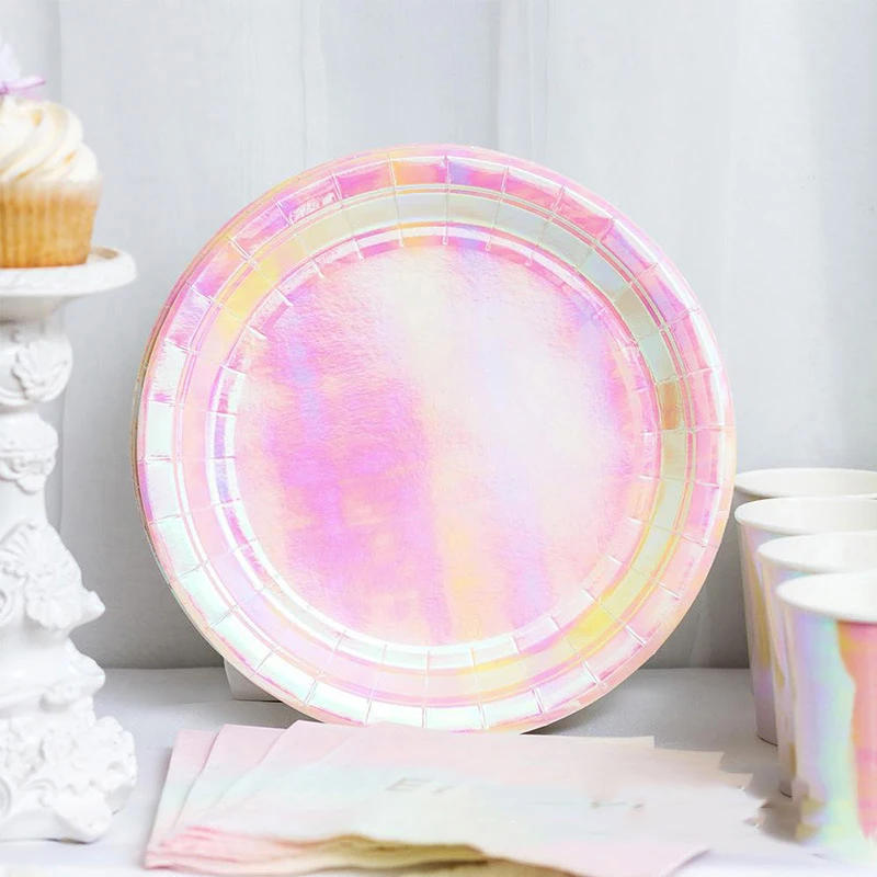 Description Picture 6 of itemReflective Rainbow Disposable Tableware Sets Paper Plates Cups Iridescent Wedding Birthday Party Decor Rainbow Party Supplies
