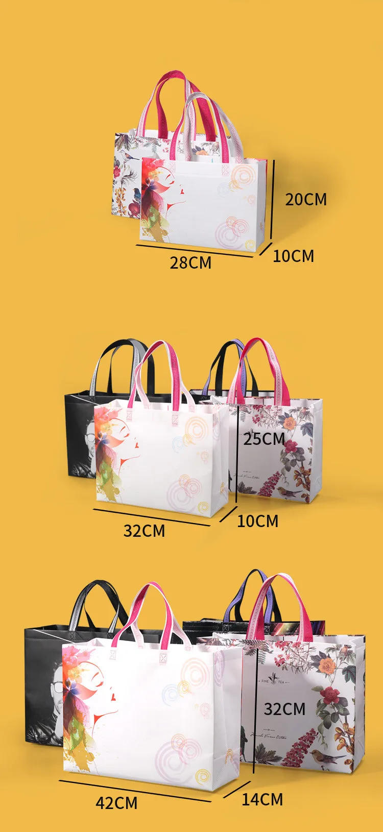 Description Picture 4 of item10PCS Rose Printing Packaging Shopping Bag Handle Waterproof Non Woven Fabric Gift Bags Black Clothing Store HandBag