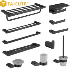 TAICUTE Black Bathroom Accessories Hardware Sets Premium Stainless Steel Towel Rack Bar Hook Toilet Paper Roll Holder Brush