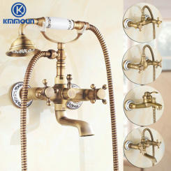 Antique Brushed Brass Bath Faucets Wall Mounted Bathroom Basin Mixer Tap Crane With Hand Shower Head Bath & Shower Faucet