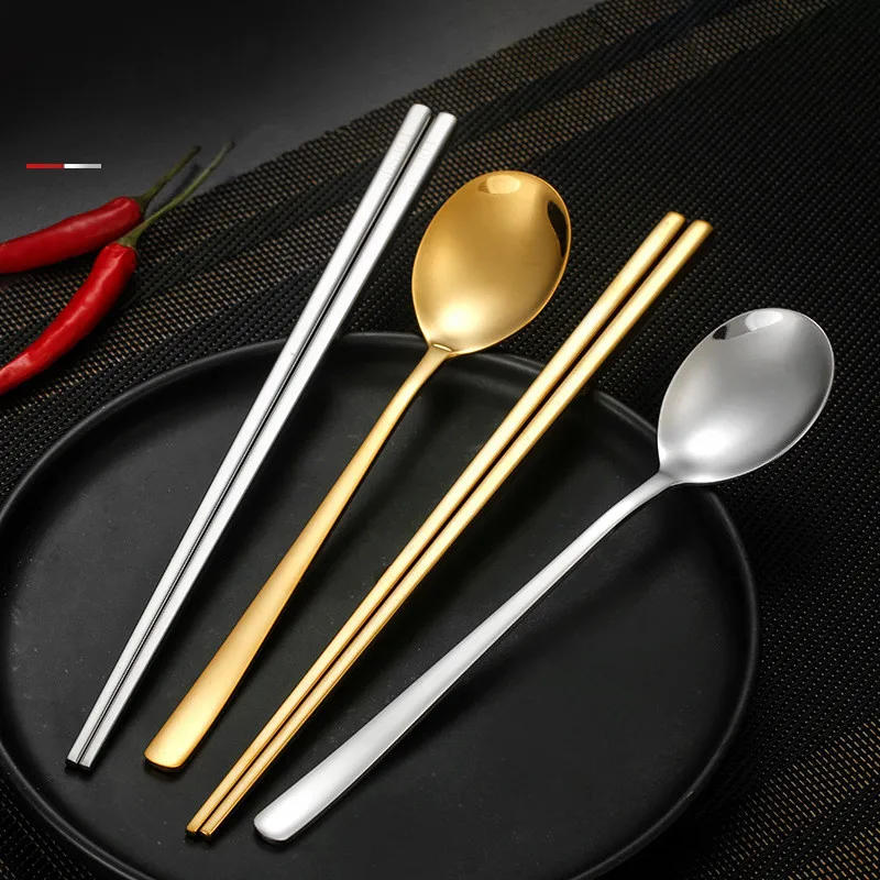 Description Picture 6 of itemKorean 304 Stainless Steel Long Handle Chopsticks Home Tableware Round Head Spoon Tablespoons Golden Dinnerware Kitchen Utensils