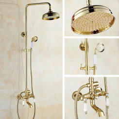 Polished Gold Color Brass Dual Ceramic Levers Wall Mounted Bathroom Round Rainfall Shower Faucet Set Bathtub Mixer Tap agf371
