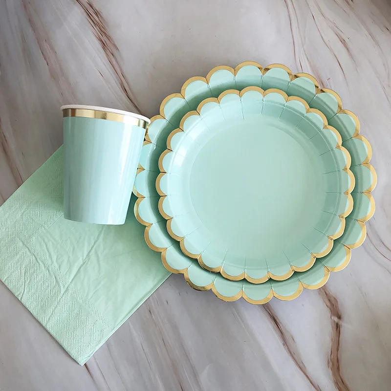 Description Picture 6 of itemMint Green Gold Striped Party Disposable Tableware Napkins Paper Straw Cup Plates Birthday Wedding Decoration Party Supplies