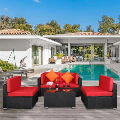 Rattan Furniture Set 5 Piece Patio Waterproof Durable 2 Corner/Armless Sofa 1 Insulated Coffee Table 10 Cushions ?2 Hold Pillows