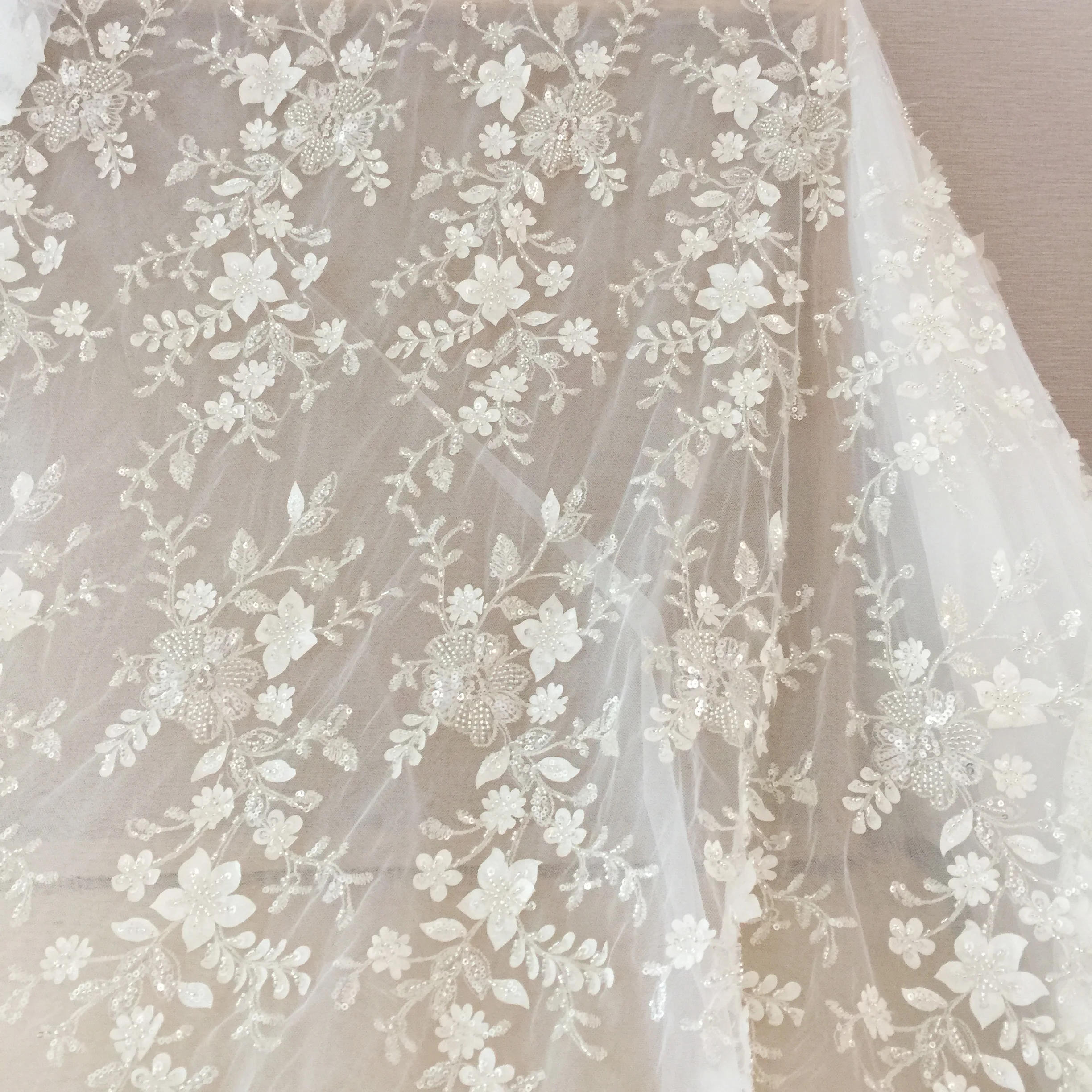 Description Picture 6 of item4Color Luxury Beaded Applique Bridal Lace Fabric Silver Embroidery Flowers and Leaves Sequins High-end Dress Fabric Lace RS3792