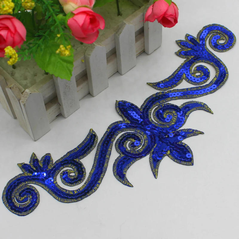 Description Picture 4 of item1 Piece Sequined Flower Appliques Iron On Gold Embroidery Patches Cosplay Trims Hair Accessory 30*10cm