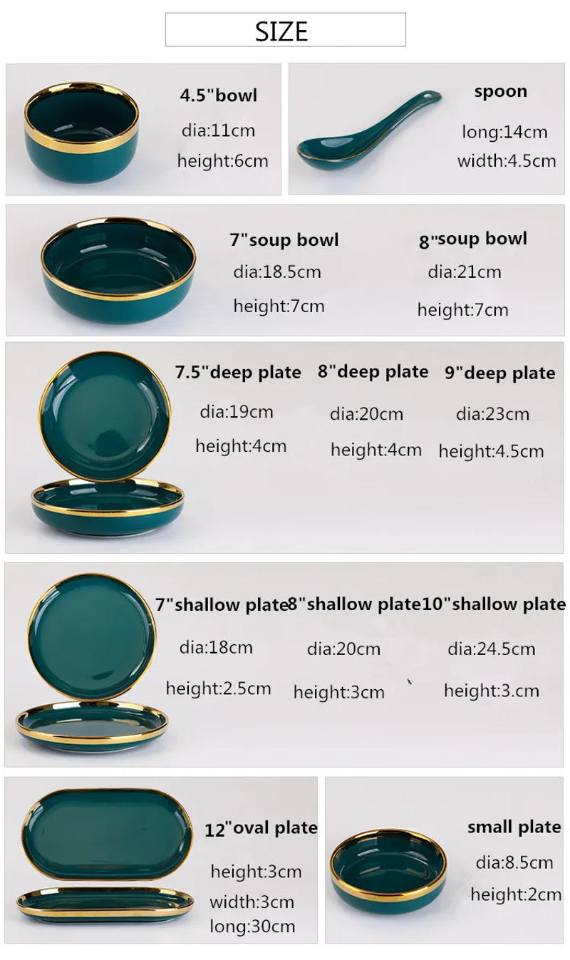 Description Picture 6 of itemGilt Rim Green Ceramic Plate Steak Food Plates Bowls Ins Dinner Dish Luxurious Porcelain Dinnerware Set For Family Hotel