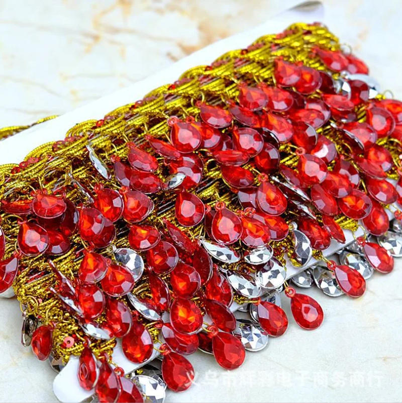 Description Picture 3 of item1 Yard Gold Lace Ribbon Crystal Fringe Trims For Stage Performance Party Cosplay Wedding Clothes DIY Sewing Garments Accessories