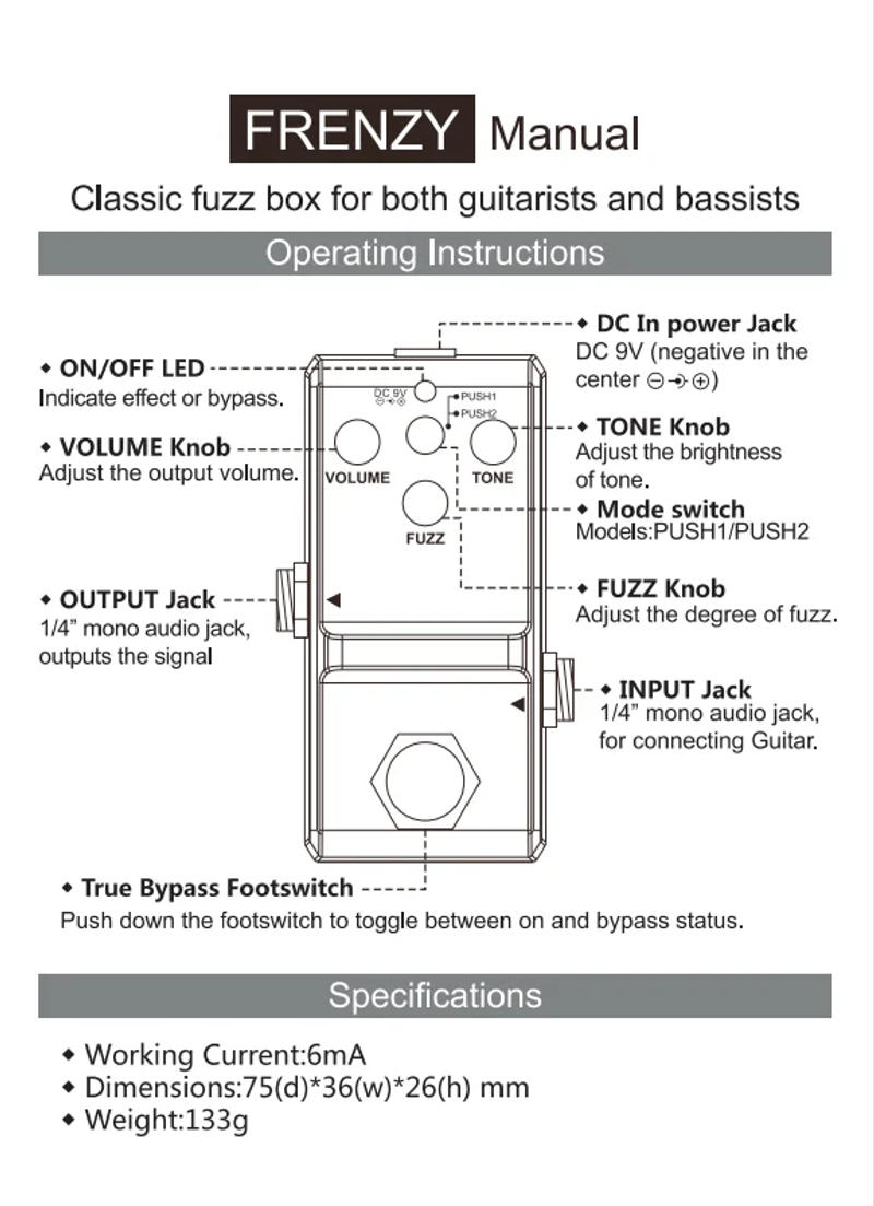 Description Picture 3 of itemRowin FRENZY Guitar Pedal Classic Fuzz Tone Creamy Violin-Like Sound Mini Full Metal Shell 2 Modes For Bass Guitars MIni Pedal