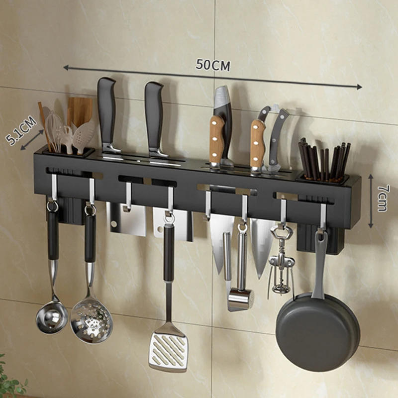 Description Picture 5 of itemWall Mounted Knife Holder Stainless Steel Shelf Kitchen Nail-Free Storage Rack Cutlery with Hook Kitchen Cabinet Organizer