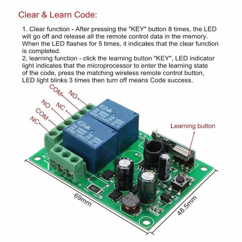 Description Picture 3 of itemDC 12V 220V 10A 433MHz 2 Channel Wireless Relay RF Remote Control Switch Heterodyne Receiver Smart Home Switch Module
