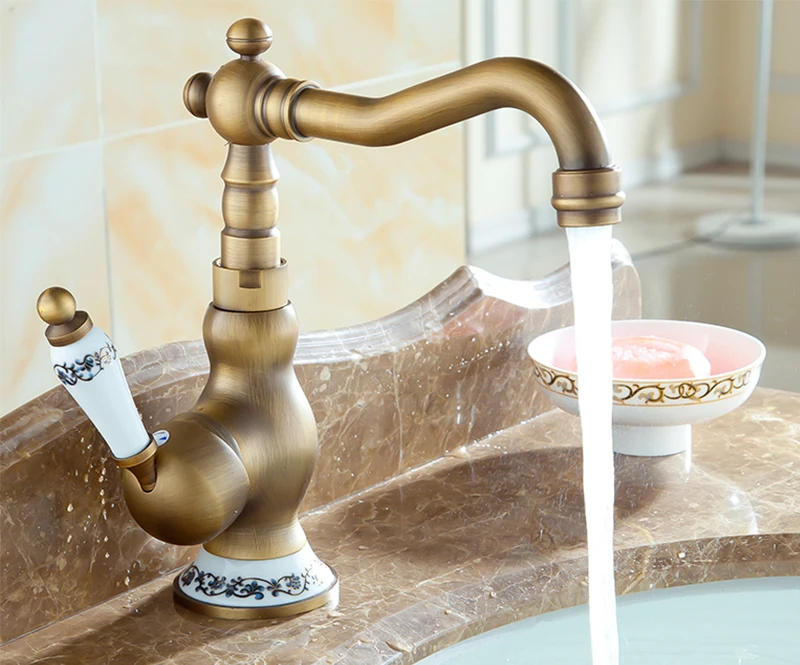 Description Picture 6 of itemAntique Brass Ceramic Handle Basin Faucet Antique Rotatble Bathroom Faucet Kitchen Faucet Hot Cold Mixer Crane Kitchen Faucet