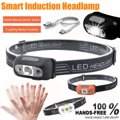 Motion Sensor LED Headlamp Hands-free Wave Induction Head Light Rechargeable Outdoor IPX5 Waterproof Night Fishing Riding Torch