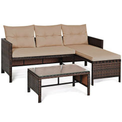 Costway 3PCS Patio Wicker Rattan Sofa Set Outdoor Sectional Conversation Set Garden Lawn HW63870