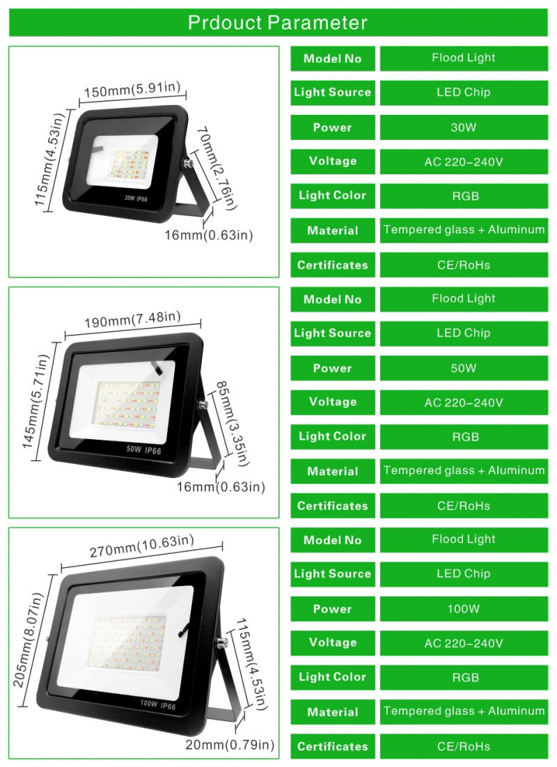 Description Picture 4 of item30W 50W 100W RGB Flood Light Lamp Outdoor AC220V Garden Lighting Floodlight Waterproof Reflector Led Rgb Spotlight with Remote