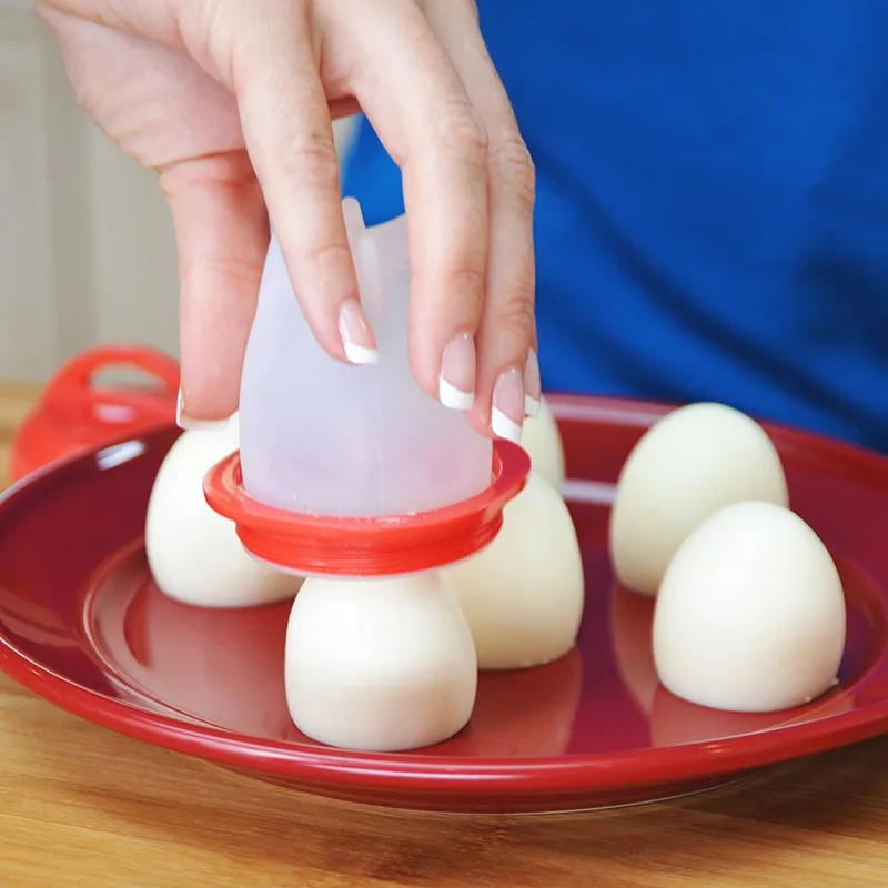 Description Picture 3 of item6 Pieces Egg Boiler Poachers Steamer Multi Functional Egg Slicer Cutter Silicone Egg Cups Boilers White Red Yolk Divider