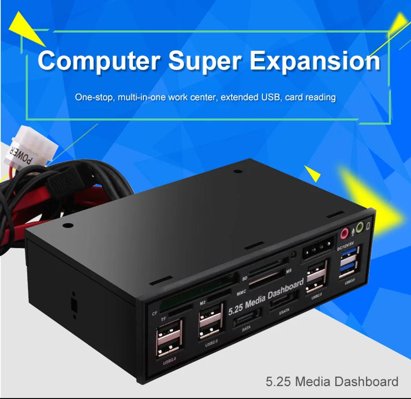 Description Picture 2 of itemDeepFox Multifuntion 5.25" Media Dashboard Card Reader USB 2.0 USB 3.0 20 Pin e-SATA SATA Front Panel for Optical Drives Bay