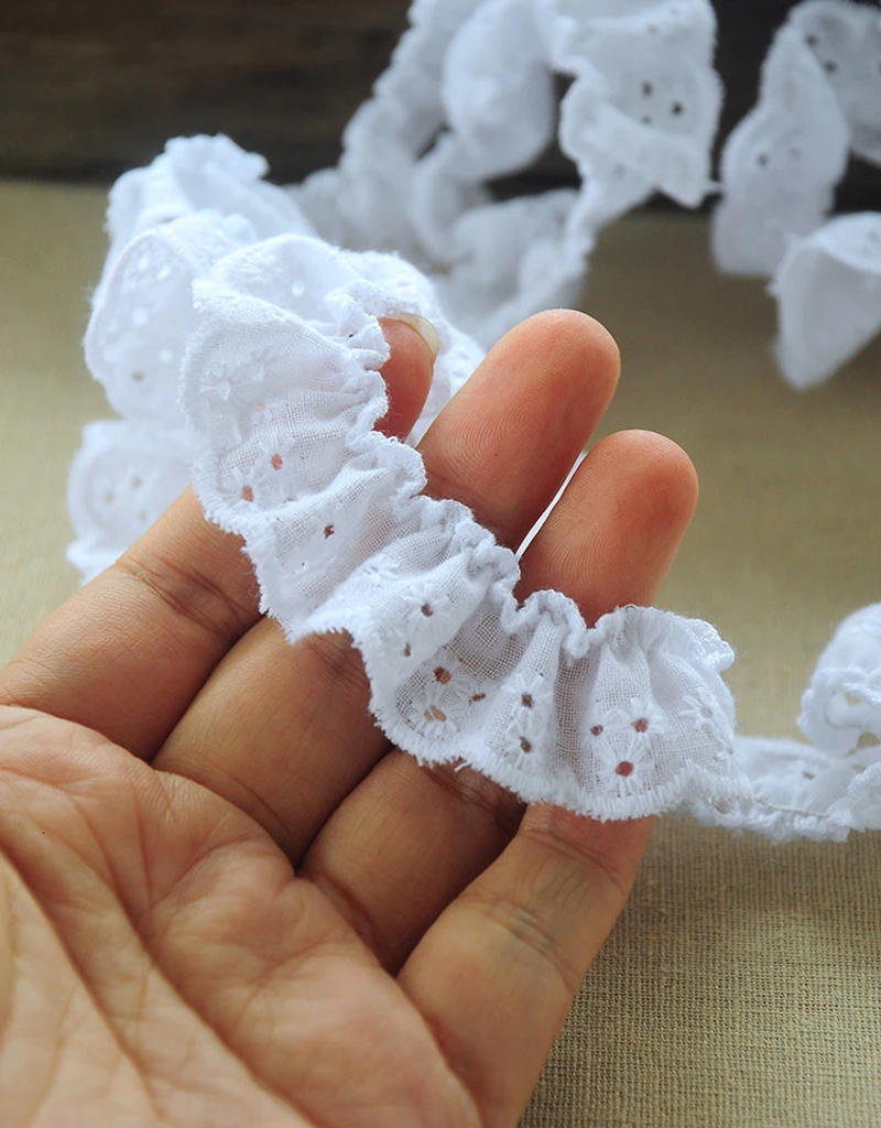 Description Picture 5 of item2CM Wide White Cotton Embroidered Flowers 3d Lace Ribbon Elastic Ruffle Trim Collar Neckline DIY Sewing Applique Guipure Decor