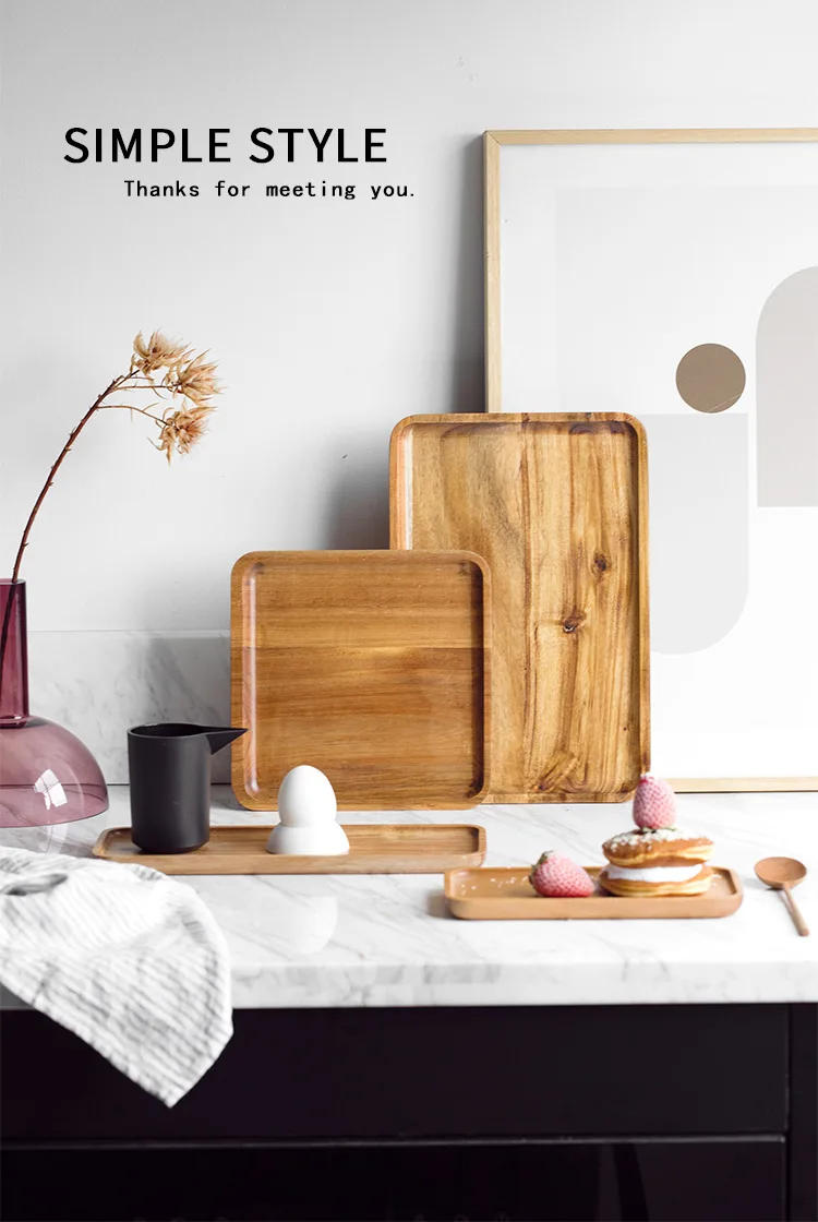 Description Picture 3 of itemAcacia Square Plate Breakfast Bread Plate Saucer Tea Tray Dessert Dinner Plate Tableware Whole Wood Fruit Dishes WF