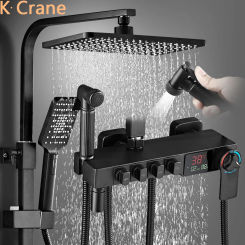 Digital Shower Set Bathroom Wall Mount LED Showers System Thermostatic Hot Cold Water Mixer Faucet Square Spray Rainfall Black