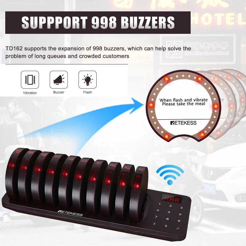 Description Picture 5 of itemRetekess TD162 Restaurant Pager Wireless Calling System Vibrator Coaster Buzzers Guest Queuing For Food Truck Cafe Bar Clinic