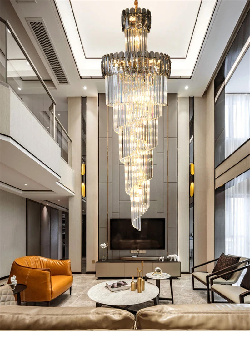 Description Picture 2 of itemLuxury crystal chandelier for staircase spiral design modern crystal lamp large hallway lobby loft hanging light fixture