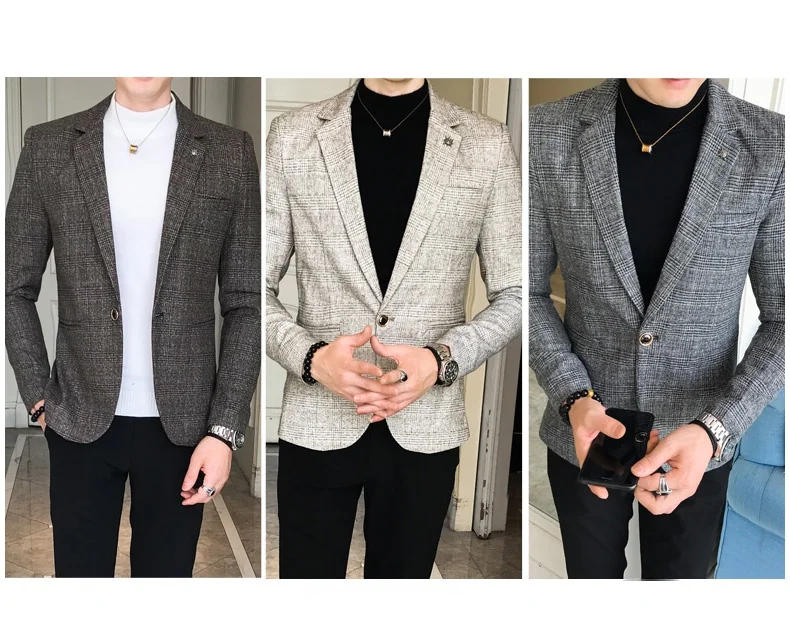 Description Picture 6 of itemFashion Men Clothing High Quality Business Suit Male Slim Fit Plaid Leisure Blazers Man Plaid Jackets Groomsman Party Dress