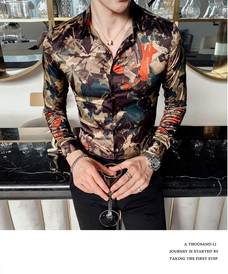 Description Picture 3 of itemLeaf Print Shirt Autumn Men's Business Slim Long Sleeve Tuxedo Shirt Fashion Men's Casual Street Clothing Abstract Print Shirt