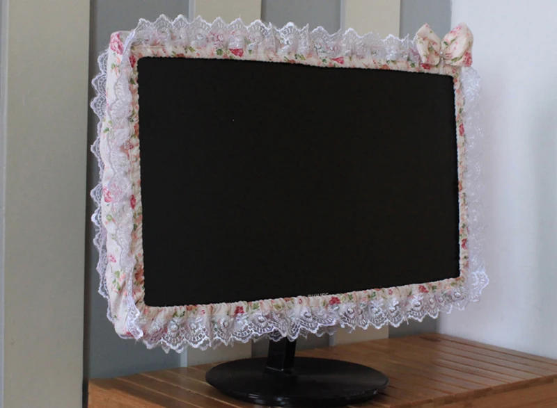 Description Picture 5 of itemLace Fabric Computer Frame Cover Monitor Screen Dust Cover With Elastic Pen Pocket Bow Home Decorations